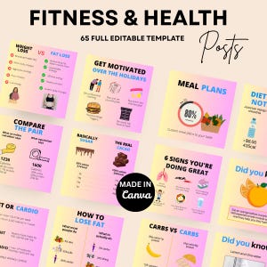 65 Fitness & Wellness Instagram Templates | Canva Editable Health Coach Social Media Posts | Workout Motivation Content for Business