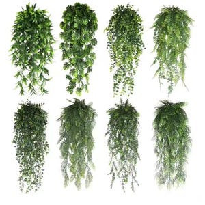 May include: Set of ten artificial hanging plants, each with a different style of green foliage. The plants are perfect for adding a touch of greenery to any space.