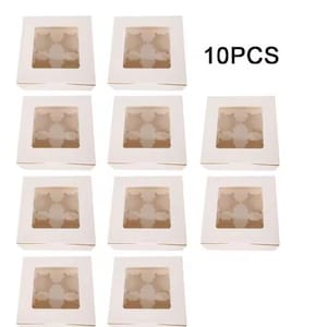 May include: Ten white cupcake boxes with clear windows, arranged in a grid. Each box has a gold trim and holds six cupcakes. The text "10PCS" is displayed in black.