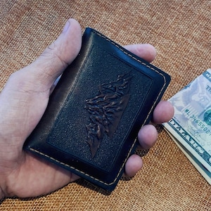 Cartera de piel geométrica, Cartera de piel hecha a mano de Pueblo Leather, Cartera plegable de piel vegetal curtida, Cartera de piel para tarjetas, Personalizable.