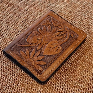 Handgefertigte lederne Brieftasche, gelbe lederne Brieftasche, Damengeldbeutel mit Blumen, Damen-Brieftasche, Sonnenblumen-Geldbörsengeschenk, Sonnenblumenleder.