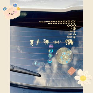Puede incluir: Una colección de calcomanías y pegatinas de color dorado aplicadas a la luneta trasera de un automóvil. Las calcomanías incluyen varias formas, símbolos y un mapa. La ventana también presenta una serie de gráficos blancos, dorados y negros, incluidos números e iconos.