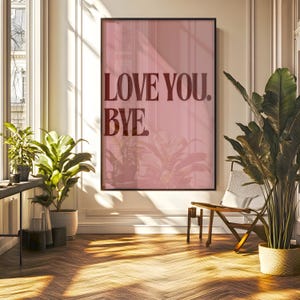 Op de afbeelding: Een roze en witte ingelijste poster met de tekst "LOVE YOU. BYE" in rode letters.