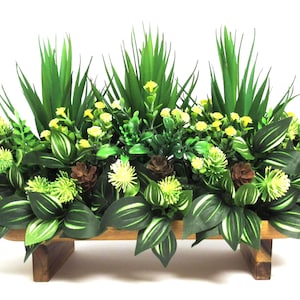 Artificial Greenery and Succulents:  centerpiece, plants, gift, home or office accents, rectangular wood riser
