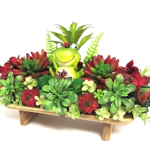 Succulents and Florals with Frog: Green, burgundy, wood riser, gift, rectangular home accents