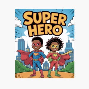 Puede incluir: Ilustración colorida de dos jóvenes superhéroes con el texto "SUPER HERO" en letras amarillas. Uno lleva un traje azul, el otro rojo, ambos con capas y máscaras, frente a un paisaje urbano.