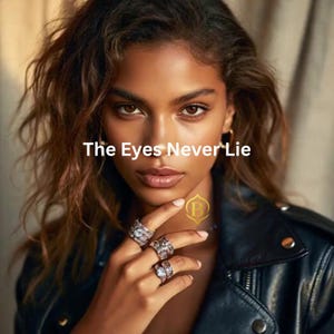May include: A woman with brown hair and eyes wearing a black leather jacket. Her hand displays three silver rings with clear stones. The text "The Eyes Never Lie" is overlaid on the image.