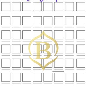 May include: A white color swatch chart with 56 numbered squares, ideal for color selection. The title "Color Swatch" is written in purple script at the top. A gold logo is in the center.