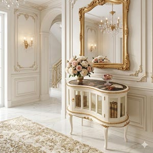 May include: A cream-coloured, antique cabinet with a curved shape, glass doors, and gold detailing. It's topped with a floral display and positioned beneath a large, gold-framed mirror. The room has white walls with decorative mouldings.