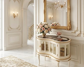 Aparador vintage em formato de rim, com detalhes em folha de ouro branca e acabamento dourado, estilo antigo.