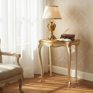 May include: A cream-colored side table with gold trim and curved legs. A gold lamp with a cream shade sits on top, along with books and a quill. The table is placed near a window with sheer curtains.