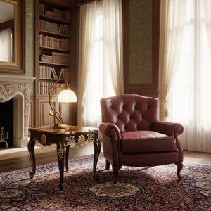 May include: A classic interior scene featuring a burgundy leather armchair, a small wooden side table with gold accents, and a decorative lamp. The room has a traditional rug and a bookshelf in the background.