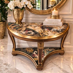 May include: A half-moon console table with a gold-painted frame and ornate detailing. The tabletop features a decorative, multi-colored design. The table has a lower shelf with a matching design. The table is in a room with a gold mirror and a gold vase.