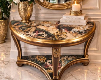 Consolle rococò veneziana: decorata a mano con foglia d'oro, complemento d'arredo barocco per l'ingresso.