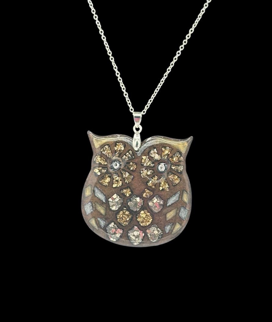 large owl necklace made with wood, resin, glass