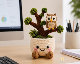Regalo de búho de ganchillo, decoración de escritorio hecha a mano, planta de oficina con temática de bosque