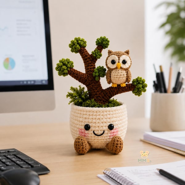 Regalo de búho de ganchillo, decoración de escritorio hecha a mano, planta de oficina con temática de bosque