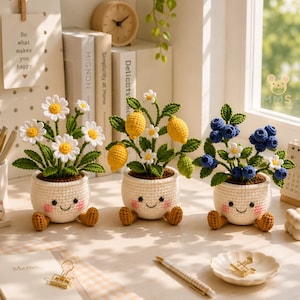 Op de afbeelding: Drie gehaakte plantjes in pot, bestaande uit een madeliefje, een citroenboom en een bosbessenstruik. Elke plant staat in een kleine, crèmekleurige gehaakte pot met een lachend gezichtje, roze wangen en twee kleine bruine voetjes.