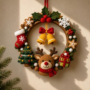 Puede incluir: Una corona navide&ntilde;a redonda hecha de hilo marr&oacute;n, decorada con adornos de ganchillo que incluyen un reno, un calcet&iacute;n rojo, un &aacute;rbol de Navidad verde, un regalo, dos campanas amarillas con un lazo rojo, copos de nieve blancos y hojas de acebo.