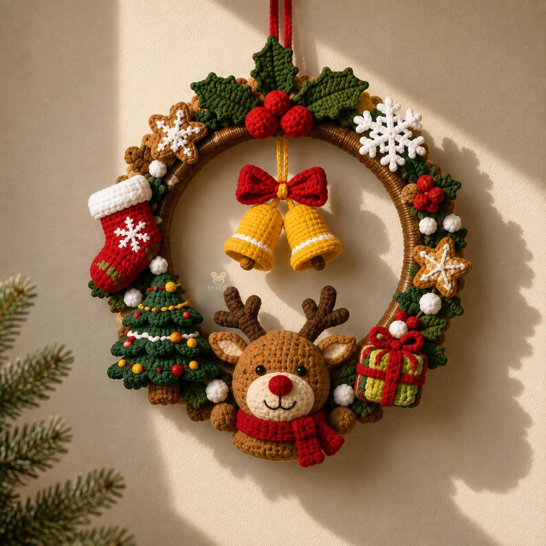 Puede incluir: Una corona navide&ntilde;a redonda hecha de hilo marr&oacute;n, decorada con adornos de ganchillo que incluyen un reno, un calcet&iacute;n rojo, un &aacute;rbol de Navidad verde, un regalo, dos campanas amarillas con un lazo rojo, copos de nieve blancos y hojas de acebo.