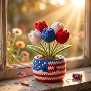 May include: A crocheted flower pot with a smiling face, decorated with the American flag design, holds red, white, and blue crocheted tulips. A miniature American flag and crochet hook sit nearby, with a spool of red, white, and blue thread.