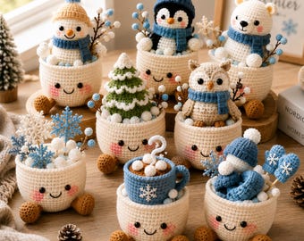 Regalo de invierno de ganchillo, decoración de escritorio hecha a mano con forma de muñeco de nieve, pingüino, oso y búho.