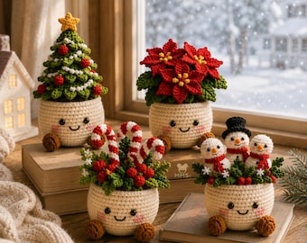 Maceta navideña de ganchillo para plantas, decoración festiva, regalo