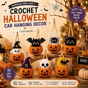 Może przedstawiać: Siedem ręcznie robionych szydełkowych ozdób na Halloween, przedstawiających pomarańczowe dynie z duszkiem, nietoperzem, pająkiem w sieci, czarnym kotem, kapeluszem czarownicy, czaszką oraz półksiężycem z nietoperzem. Każda ma pleciony sznurek.