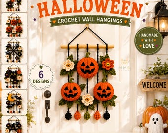 Decoración de puerta principal para Halloween: tapiz de pared de ganchillo con forma de fantasma, calabaza, gato, bruja, araña y murciélago.
