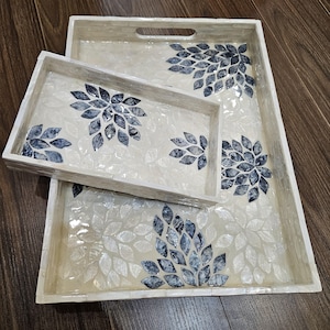 Plateau de service rectangulaire fait main en nacre - Décoration de table basse en mosaïque irisée