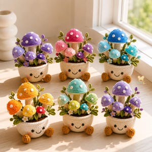 かぎ針編みのキノコの鉢植え装飾、デスク装飾、手作りの花