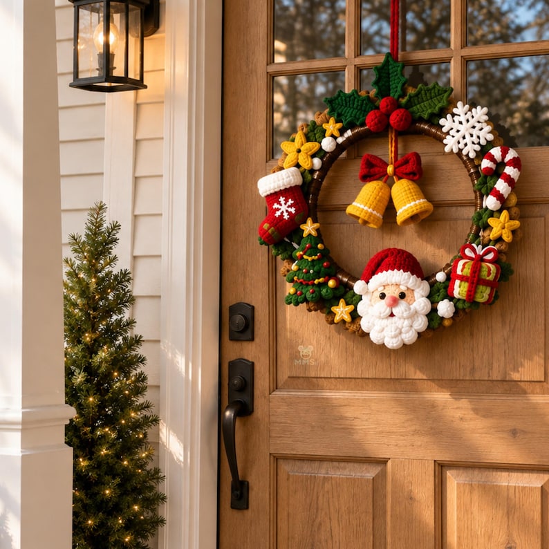 Puede incluir: Una corona navide&ntilde;a circular hecha de elementos de ganchillo que incluyen una cara de Santa Claus, un calcet&iacute;n rojo, campanas amarillas, un &aacute;rbol verde, un regalo, un bast&oacute;n de caramelo, copos blancos y estrellas amarillas sobre un marco marr&oacute;n.
