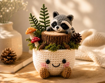 Decoración de escritorio de mapache de ganchillo, maceta para plantas del bosque, regalo
