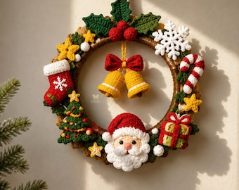 Decoración navideña para la puerta, corona de ganchillo, adorno navideño para la pared, regalo navideño hecho a mano