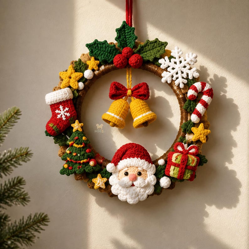 Puede incluir: Una corona navide&ntilde;a de ganchillo circular con un par de campanas amarillas con un lazo rojo en el centro, rodeada por una cara de Pap&aacute; Noel, un calcet&iacute;n rojo, un &aacute;rbol de Navidad verde, un regalo, un bast&oacute;n de caramelo, un copo de nieve y acebo.