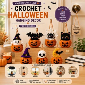 Decoração de Halloween em crochê para pendurar com vaso de abóbora - Desenhos de fantasma, teia de aranha, gato preto, chapéu de bruxa, caveira e morcego.