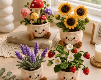 Crochet Flower Pot Set with Mushroom Sunflower Lavender Strawberry Rose Tulip Designs