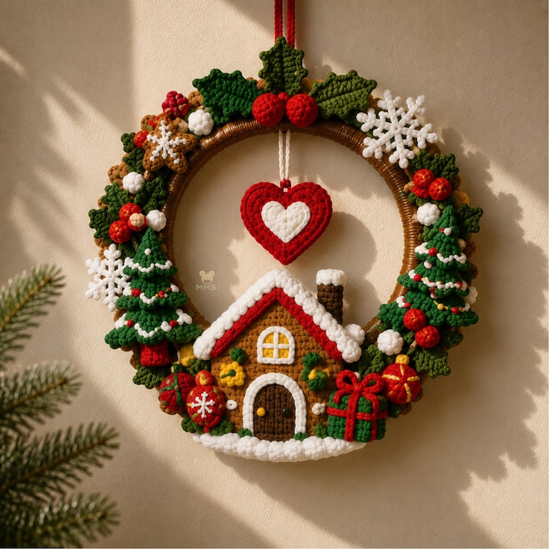 Puede incluir: Una corona navide&ntilde;a de ganchillo circular con una casa de jengibre central, un coraz&oacute;n rojo y blanco colgante, pinos verdes, copos de nieve blancos, bayas rojas y una peque&ntilde;a caja de regalo. La corona est&aacute; suspendida por un lazo de hilo rojo.