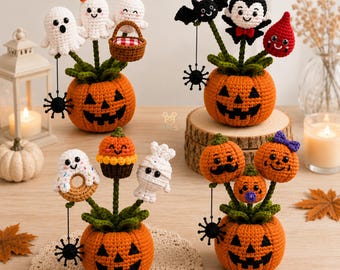 Conjunto de plantas de Halloween tejidas a crochet con diseños de calabazas fantasma, vampiros y bocadillos embrujados.