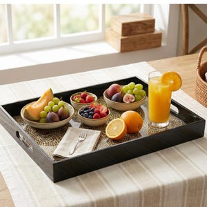 Bandeja de servir de nácar con asas, bandeja decorativa rectangular de mosaico hecha a mano para mesa de centro, otomana, decoración del hogar, regalo para ella.