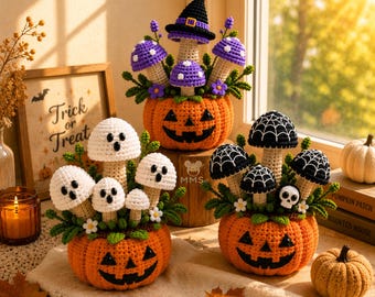 May include: Three crocheted orange pumpkins with jack-o'-lantern faces. One features purple mushrooms and a witch hat, one has white ghost-shaped mushrooms, and one displays black mushrooms with white spiderwebs and a small skull accent.