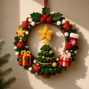 Puede incluir: Una corona navide&ntilde;a de ganchillo redonda con un &aacute;rbol verde central coronado por una estrella amarilla. La corona est&aacute; decorada con hojas de acebo de ganchillo rojas y verdes, bayas rojas, pompones blancos, dos regalos, un calcet&iacute;n y adornos.