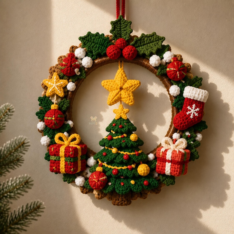 Puede incluir: Una corona navide&ntilde;a de ganchillo redonda con un &aacute;rbol verde central coronado por una estrella amarilla. La corona est&aacute; decorada con hojas de acebo de ganchillo rojas y verdes, bayas rojas, pompones blancos, dos regalos, un calcet&iacute;n y adornos.