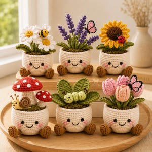 Virkad kruka, present, trädgårdsvän skrivbordsdekoration med blommor och insekter