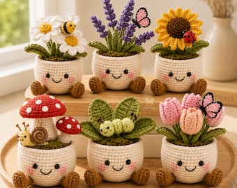 Maceta de ganchillo para plantas, decoración de escritorio con motivos de jardín, flores e insectos.