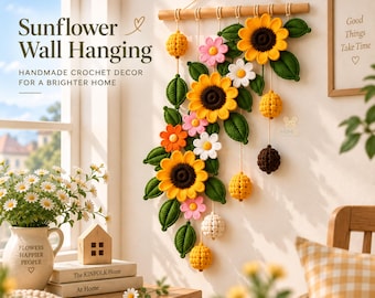 Colgante de pared de girasol de ganchillo, decoración floral botánica para el hogar