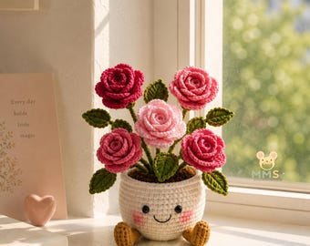 Gehaakte rozenbloempot, handgemaakt bureaudecor, amigurumiplant cadeau