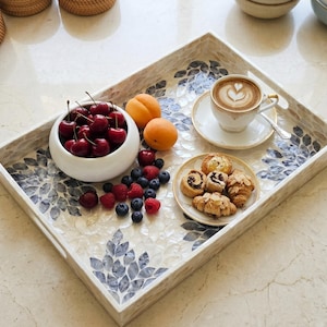 Handcrafted Mother of Pearl Rectangular Serving Tray – Iridescent Mosaic Coffee Table Decor