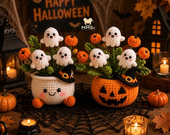 Maceta de flores fantasma de ganchillo para decoración de escritorio de Halloween / Amigurumi espeluznante con flores de calabaza