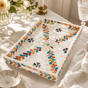 Mother of Pearl Ottoman Decor, Handmade Mosaic Serving Board, Rectangular Platter 30x40cm